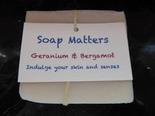 Load image into Gallery viewer, Soap Matters Natural Soap Labelled Geranium and Bergamot soap (the Caring bar)