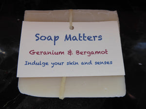 Soap Matters Natural Soap Labelled Geranium and Bergamot soap (the Caring bar)