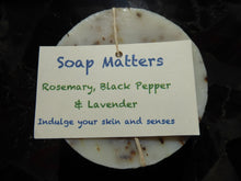 Load image into Gallery viewer, Soap Matters Natural Soap Labelled Rosemary, Black Pepper and Lavender natural soap (the Sports Bar)